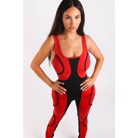 Women's Colorblocked Jumpsuit With Binding Detail Square Neck Strappy Sleeve - Picture 9 of 10